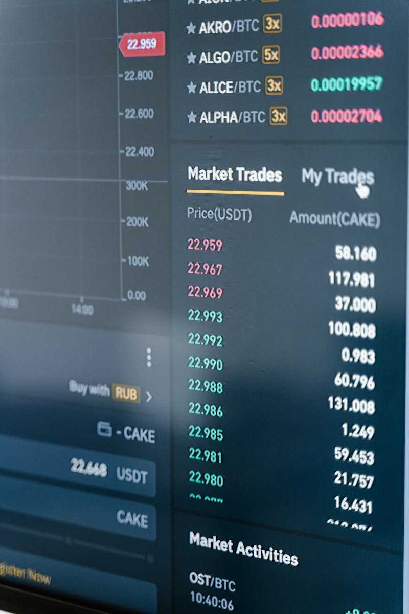 Close-up of a cryptocurrency trading screen showing market trades and activities.