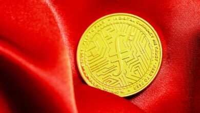 a close up of a gold coin on a red cloth