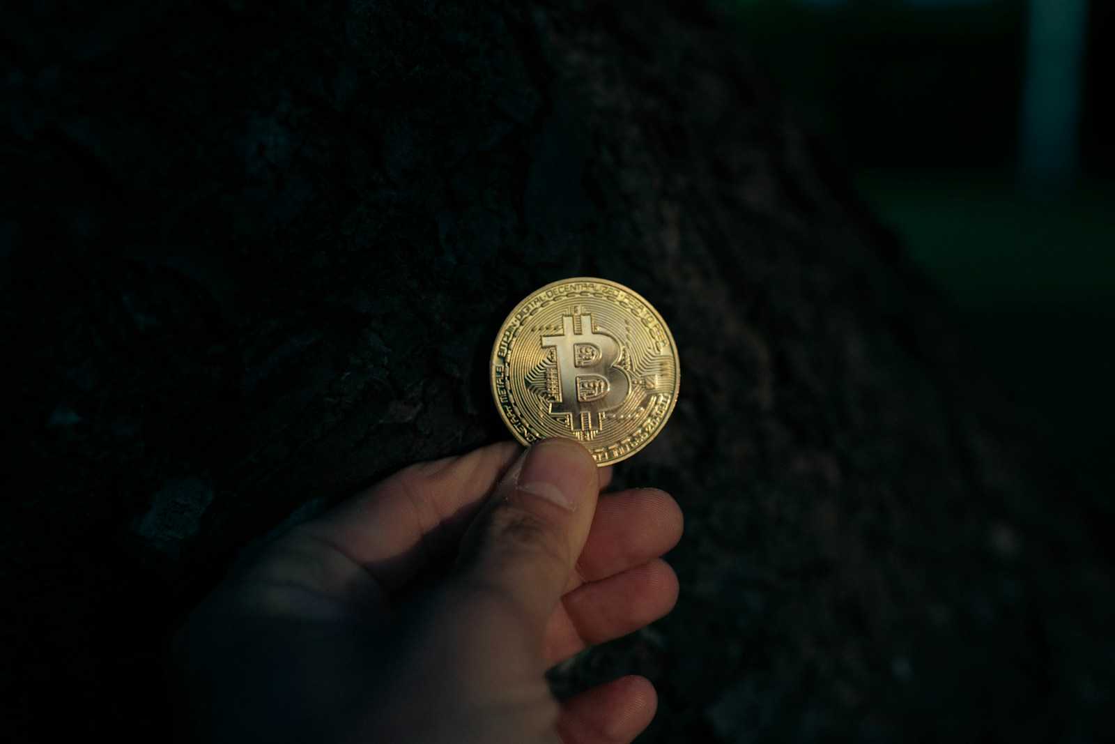 A hand holds a gold bitcoin.