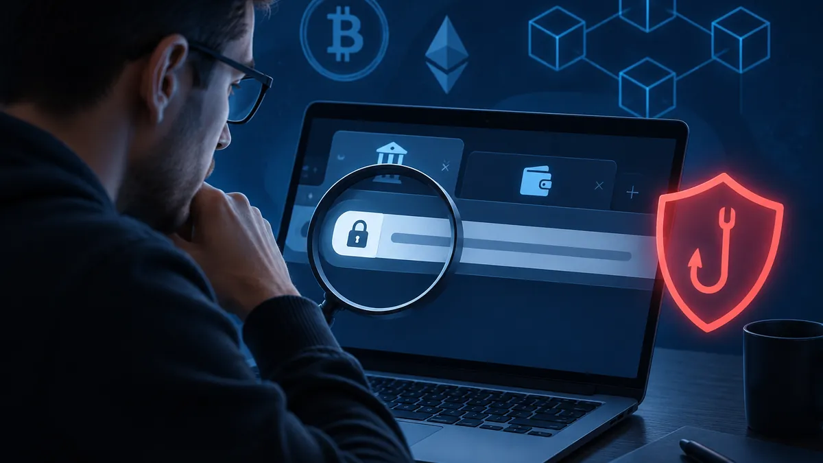 Użytkownik sprawdzający adres domeny przed logowaniem do giełdy kryptowalut